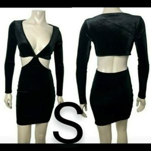 🆕SEXY Velvet Black Long Sleeve Cut Out Mini Dress~SIZE S
